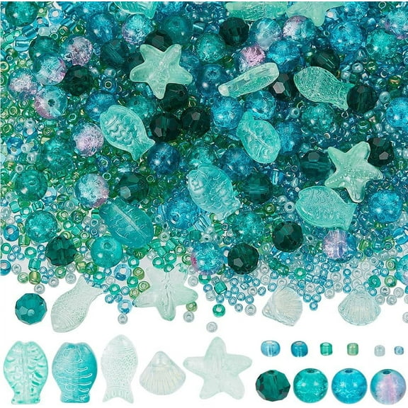 1 Box 3100 Pcs Sea Glass Beads Kit Glass Ocean Beads Glass Starfish Shell Fish Beads Summer Hawaii Ocean Animal Bead Cyan Spacer Loose Beads for Jewelry Making DIY Beading Crafts Supplies