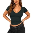thumbnail image 4 of Xaqiouau Womens V Neck Tops Short Sleeve Ruched Slim Fitted Shirts Going Out Dressy Solid Blouses Summer Basic Tees, 4 of 8