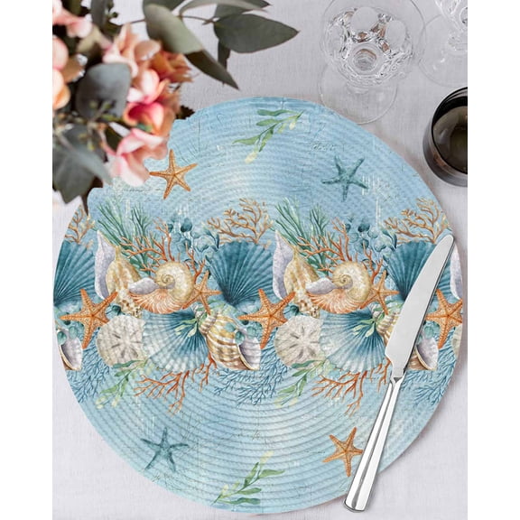13 Inch Round Placemats Set of 6, Beach Coastal Blue Non Slip Heat Insulation PP Table Mats, Nautical Shell Starfish Coral Summer Washable Place Mats for Kitchen Dining Party Table Decor