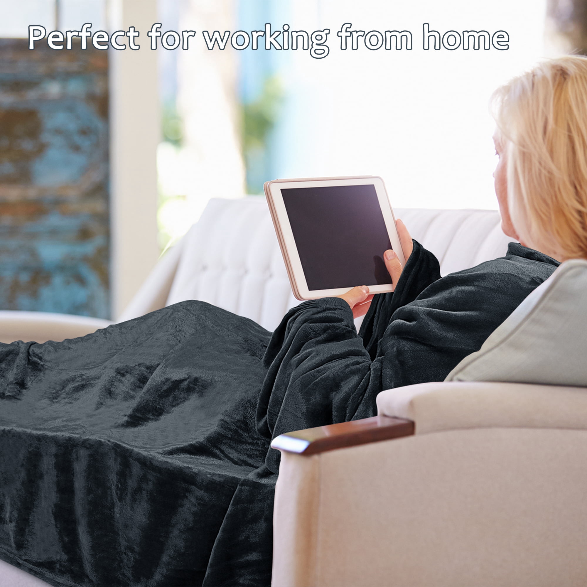 Wearable Fleece Blanket with Sleeves and Pocket for Women Men, Super Soft Microplush Adult Wrap Full Body Blanket Robe for Lounge Couch As Seen On TV 73" x 51" | Catalonia series by Terrania | Black