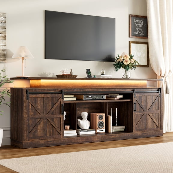 ANPOO 80.7" Farmhouse TV Stand with LED Light and Charging Station, Media Console Entertainment Center Fits Up to 90 Inch TV, Rustic Wooden Television Stand for Living Room