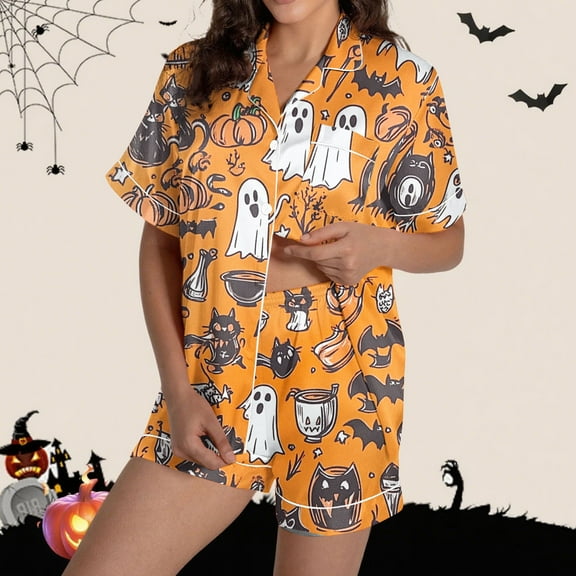 Kilaqueen Spooky Plus Size Pajamas for Women Set Casual Soft Comfy Fall Pajamas Halloween Pajamas Button Down Shirts with Bottoms 2 Piece Pjs Sets