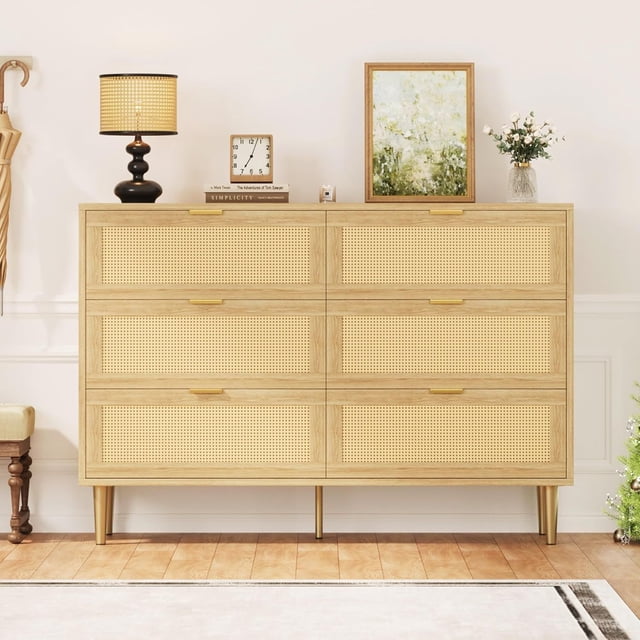 Bingirl 6-Drawer Modern Rattan Dresser with Gold Legs and Handles - Wide Double Dresser with Large Table Top and Anti-Tipping Design for Bedroom and Living Room