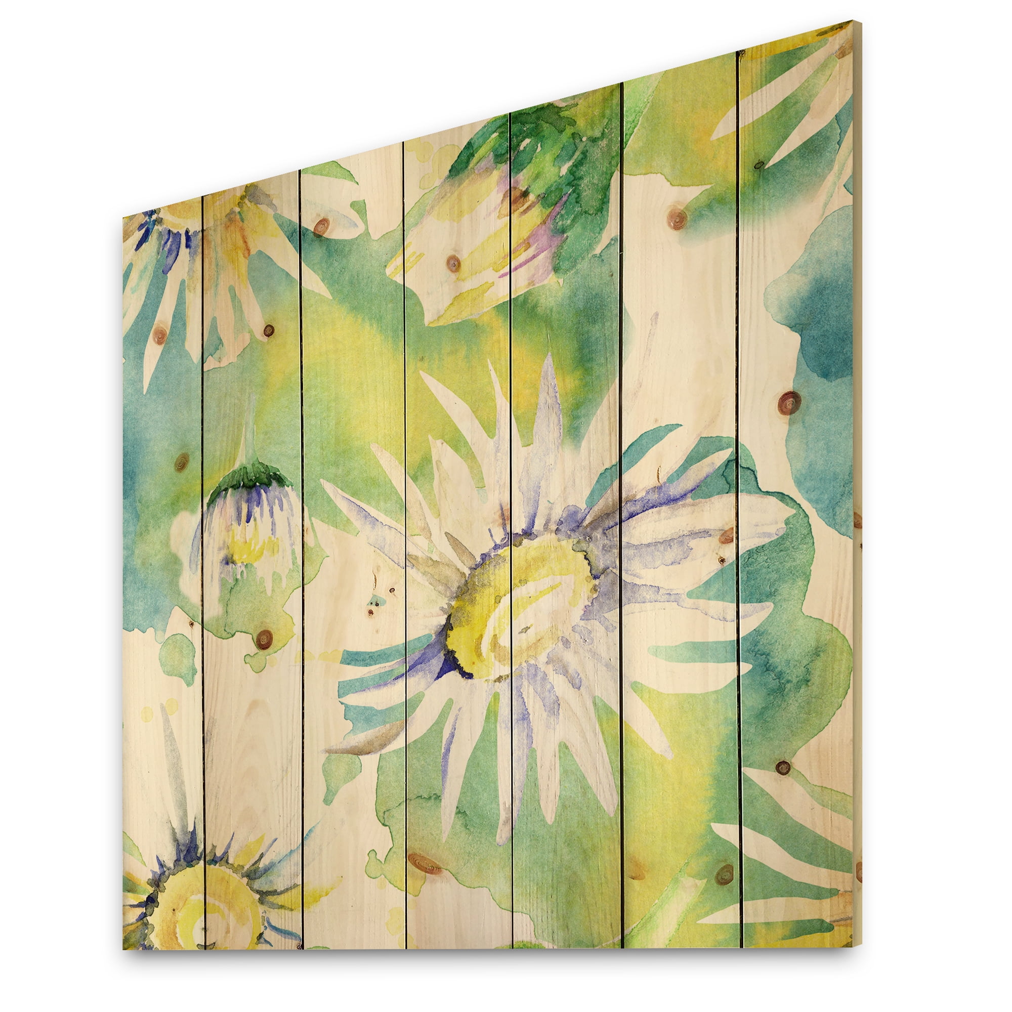 Designart 'Aquarelle Impression of Daisy Flowers II' Traditional Print on Natural Pine Wood