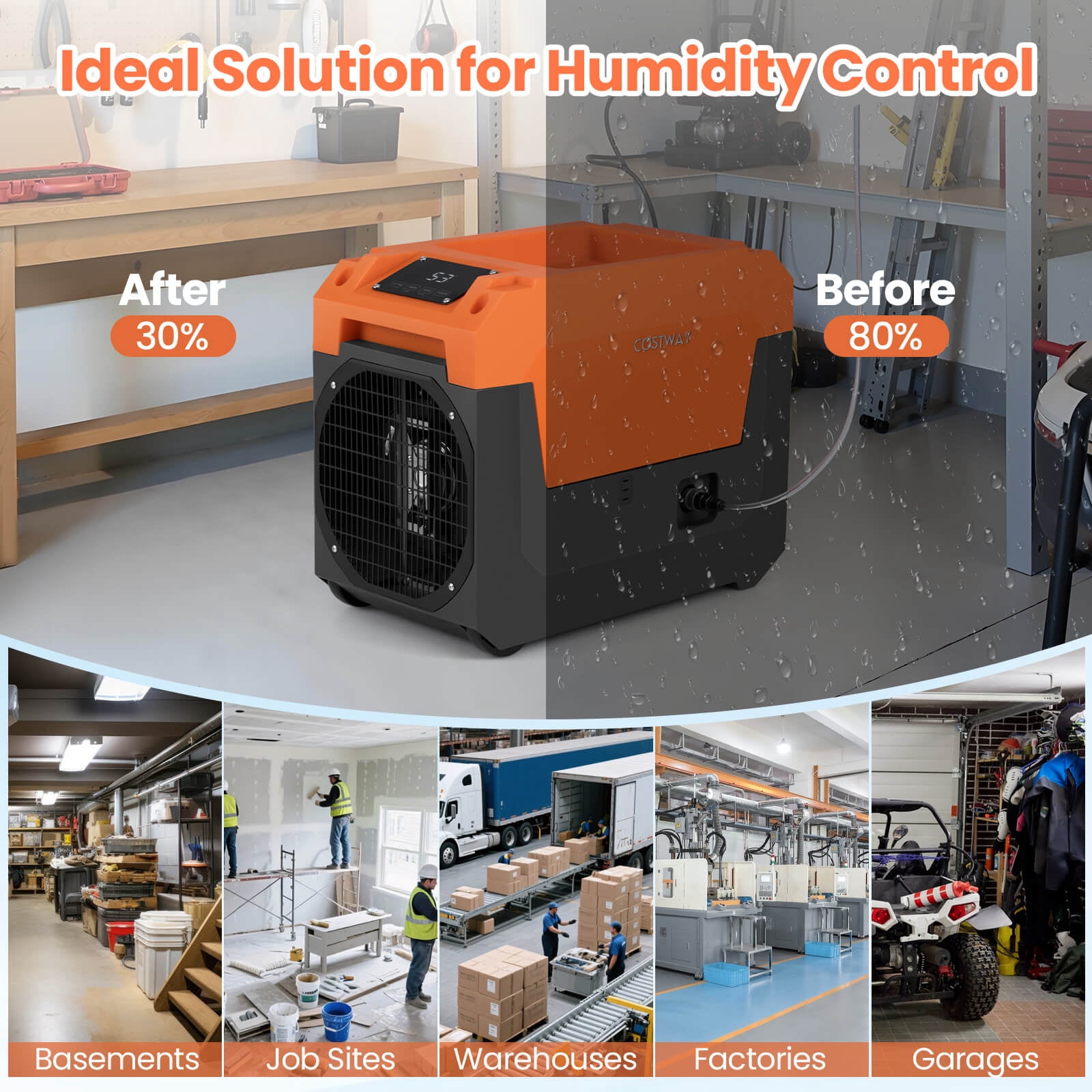 Costway 50-Pint(DOE) Commercial Dehumidifier with Pump, Drain Hose for Basements, Job Sites 4500 Sq. ft Coverage Area Orange