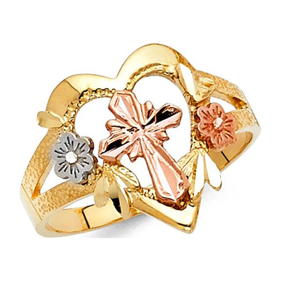 14k Tri Color Italian Solid Gold Crucifix w/ 2 Flowers 15mm Heart Shape Ring