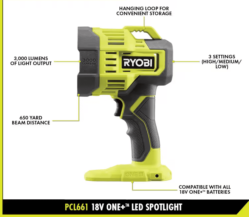 Ryobi ONE+ 18V 3-Light Kit - Hybrid Panel, Spotlight, Flexible Clamp (Tool Only)