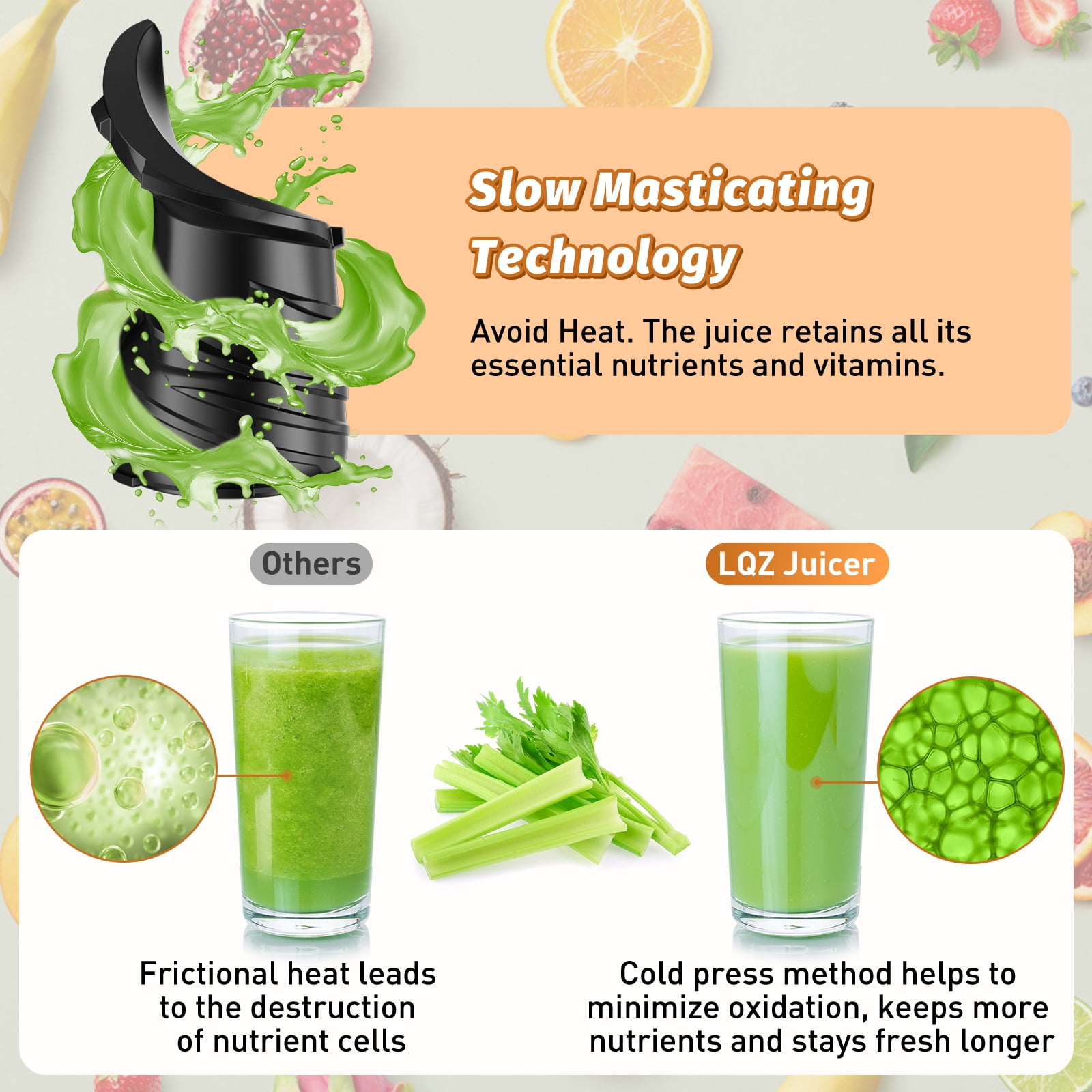 DARKIRON Cold Press Juicer, Masticating Juicer with 5.4" Large Feed Chute, 400W Slow Juicer Machines Fit Whole Vegetables and Fruits,Juicer Machine with High Juice Yield (Black)