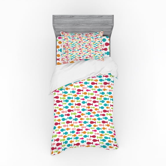 Fish Duvet Cover Set, Colorful Silhouettes of Fish Pattern Nautical Illustration with Simplistic Animals, Bedding Set with Shams and Fitted Sheet, 3 Sizes, by Ambesonne