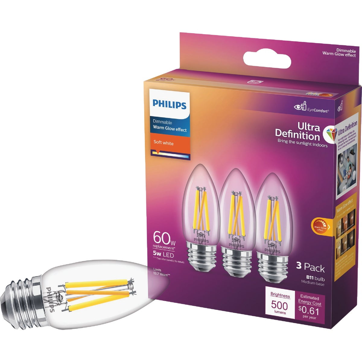 Philips 3pk 60w B11 Wg Led Bulb 573378