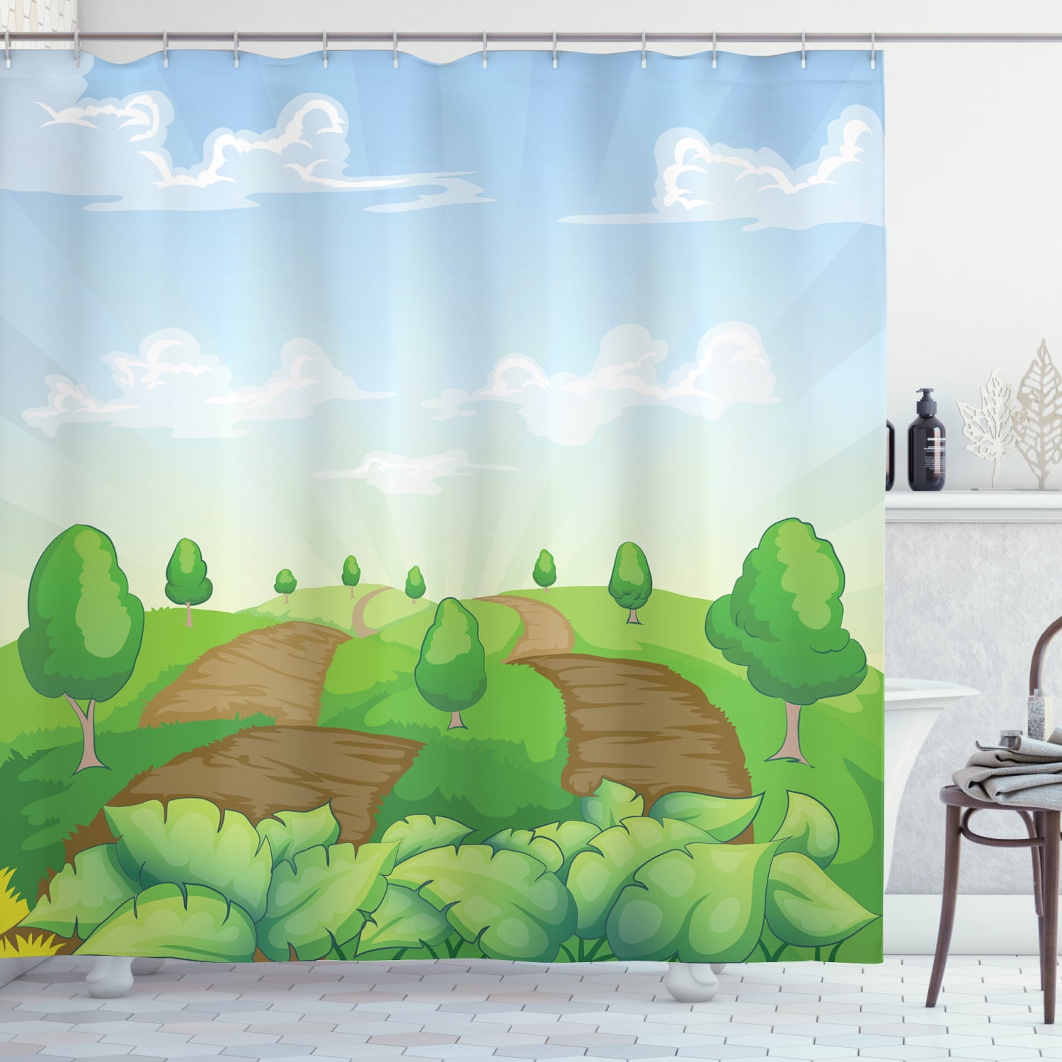 Outdoor Scene Shower Curtain, Idyllic Illustration of Sun Rays Trees
