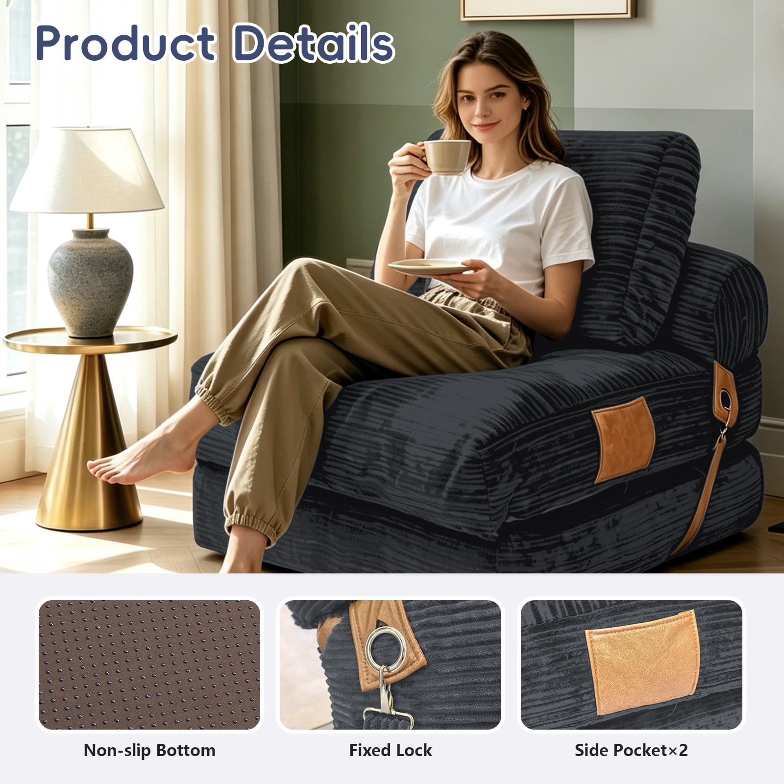 Leumius Lazy Sofa Bean Bag Chair,Folding Sofa Bed,Comfy Convertible Fold Out Lounge Chair for Living Room Bedroom,DARK GREY
