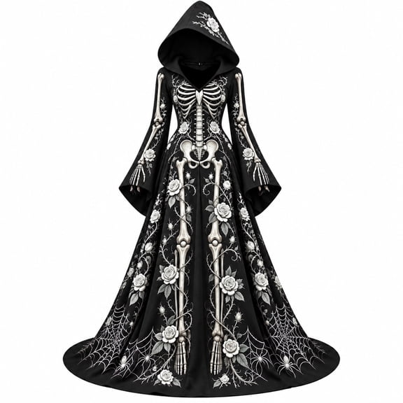 Arlun Women's Halloween Witch Hooded Dress Vintage Skeleton Print Flared Sleeves Pleated Hem Flowy Long Dresses Fall Plus Size Long Sleeve Gothic Party Cosplay Maxi Dresses