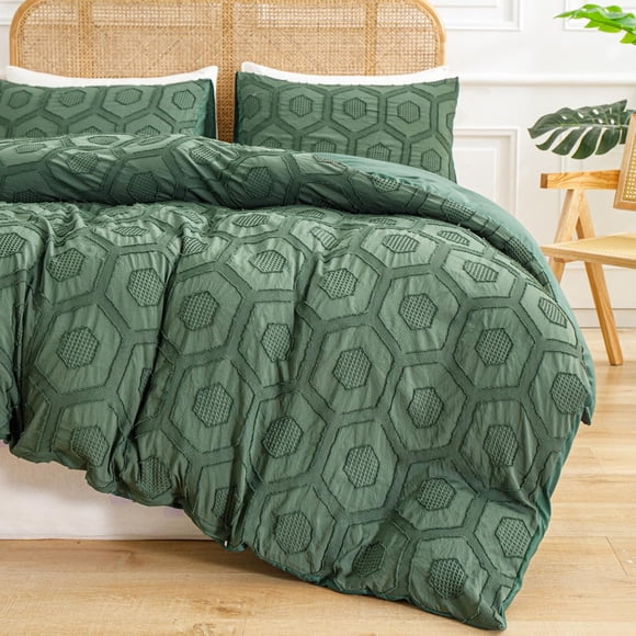 Olive Green Boho Tufted Duvet Cover Full Queen Set Boho Honeycomb Waffle Tuft Jacquard Embroidery Bedding Set Farmhouse Shabby Chic Waffle Weave Tufts Textured Comforter Cover for All Seasons