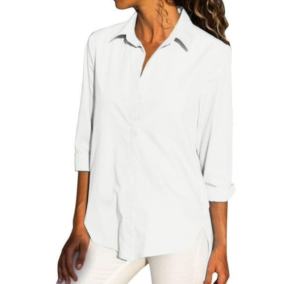 ZOHIUM Womens Blouses Ladies Spring and Autumn Solid Color Long Sleeve Split Side Button Stand Collar Shirt Womens Blouse Womens White Blouse Womens Tops Dressy Casual (White,XL)