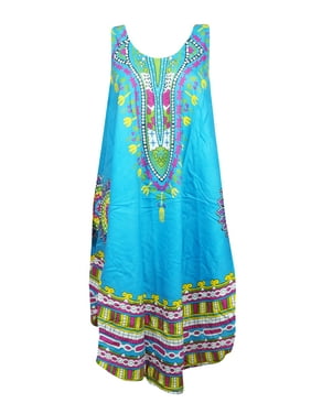 Mogul Women Sky Blue African Print Dashiki Loose Tank Dress Round Neck Sleeveless Flared Hippy Chic Sundress S