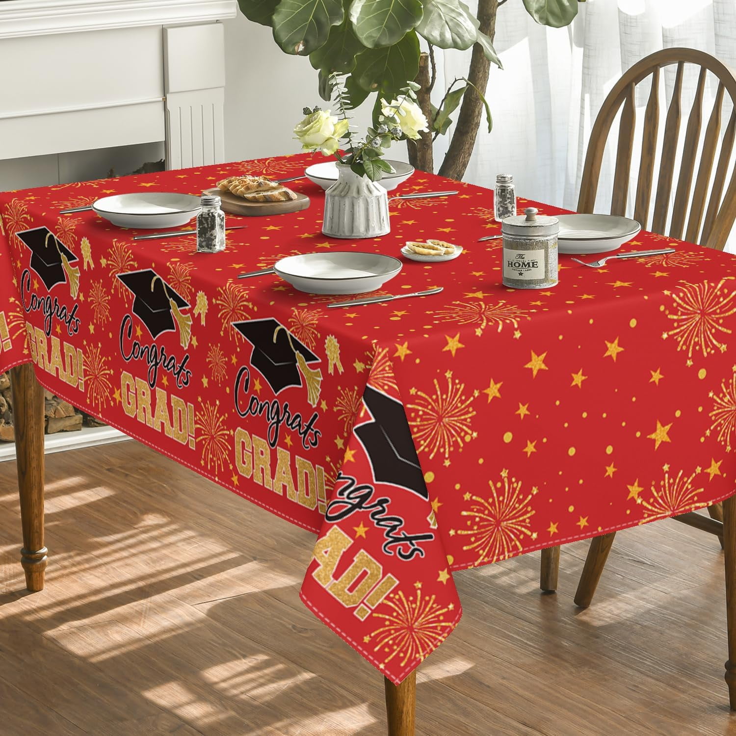Graduation Rectangular Tablecloth 60×84 Inch, Red Gold Bachelor Grad Cap Washable Table Cover for Party Picnic Dinner Decor