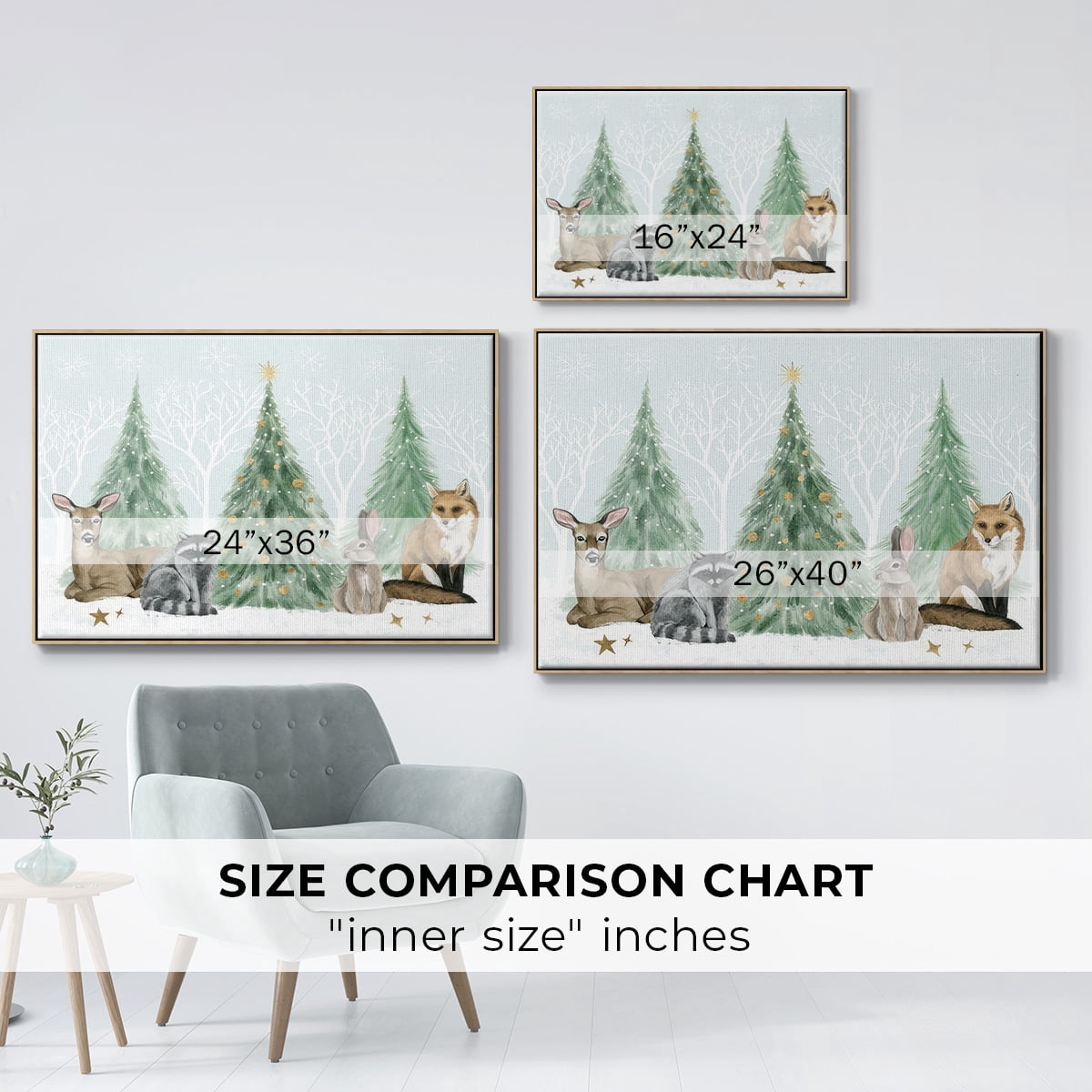 Christmas in the Forest Collection A - Framed Gallery Wrapped Holiday Canvas - 17 x 25 - Natural Wood Frame
