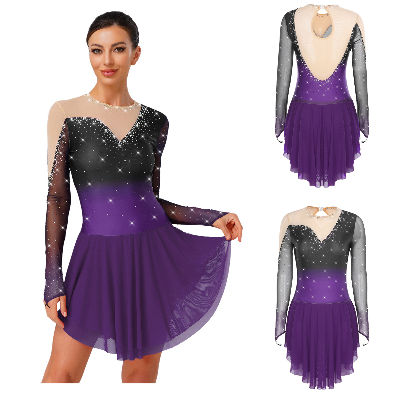 iiniim Womens Glittery Figure Skating Gradient Dress Gymnastics Active Costume Purple XL