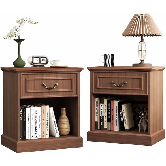 Nightstand Set of 2 with Drawer and Open Shelf, Wooden Bed Side Table for Bedroom, Modern End Table Side Table for Living Room, Small Night Stand Set 2 Furniture for Small Spaces (Walnut)