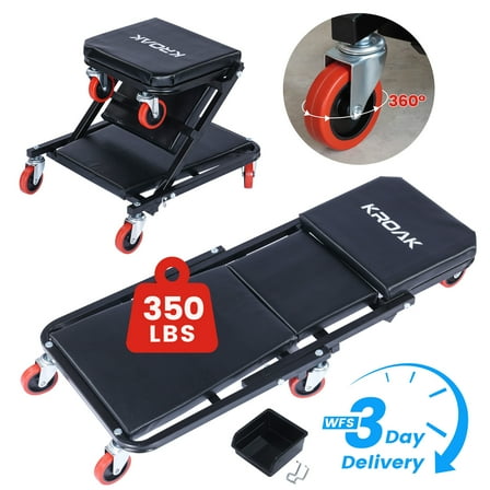 KROAK 36" Z-Creeper 2 in 1 Garage Creeper with Tool Storage Box, 350 Lbs Capacity for Garage, Shop, Auto Repair, Lay Down or Sit, Black, 6 Pcs 2.5in Wheels