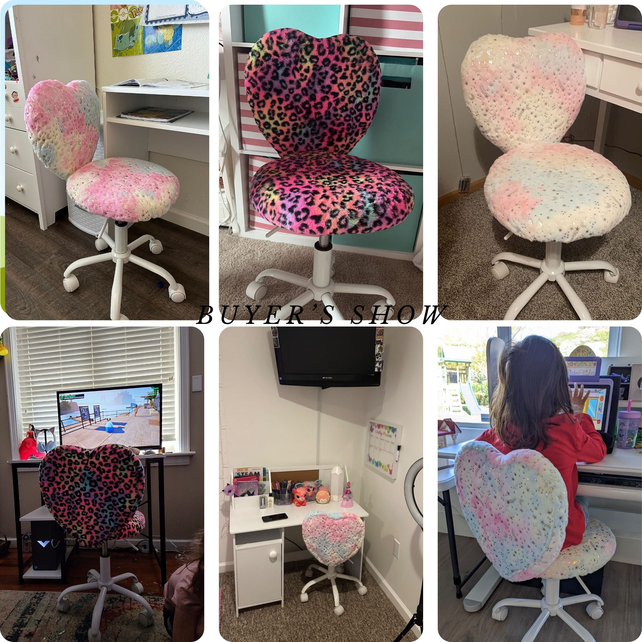 Guyou Cute Fluffy Kids Chair for Teen Girls Rolling Study Desk Student Chair, Fluffy Computer Task Chair, Adjustable Heart Shaped Bedroom Reading Dresser Chair, Leopard