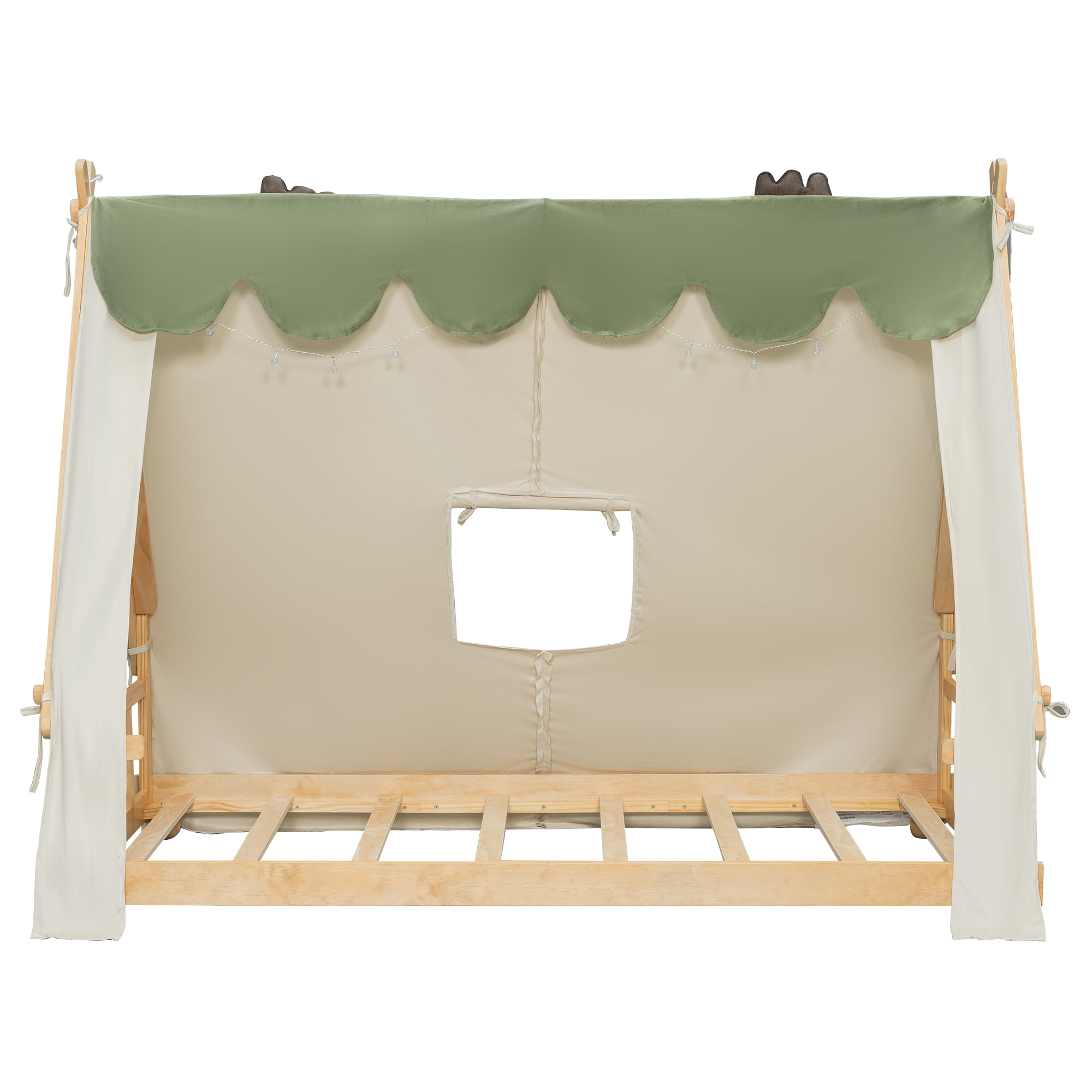 Mintazer Twin Teepee Tent Bed with LED Lights, Kids House Bed with Removable Canopy, Natural