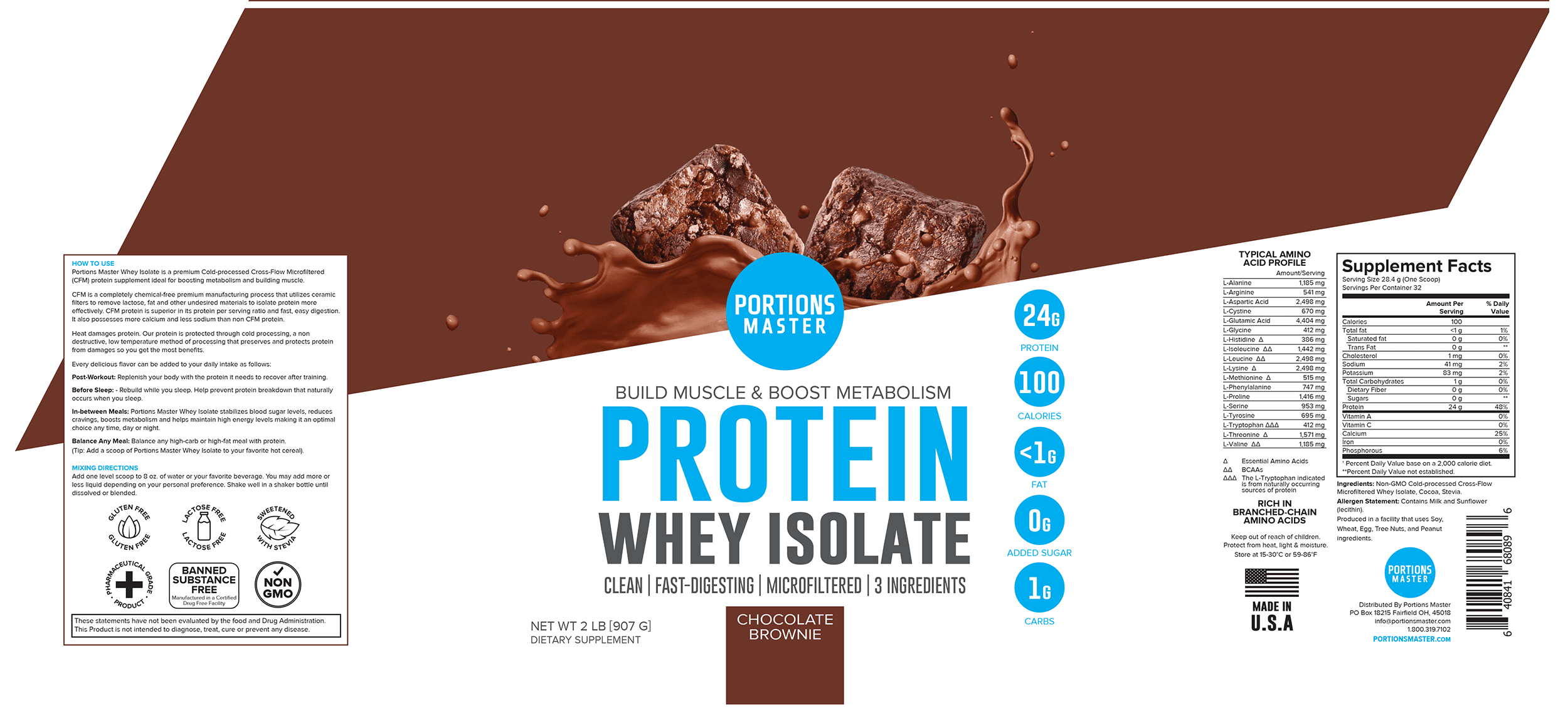Portions Master Whey Protein Powder Supplement - Chocolate - 2 lbs