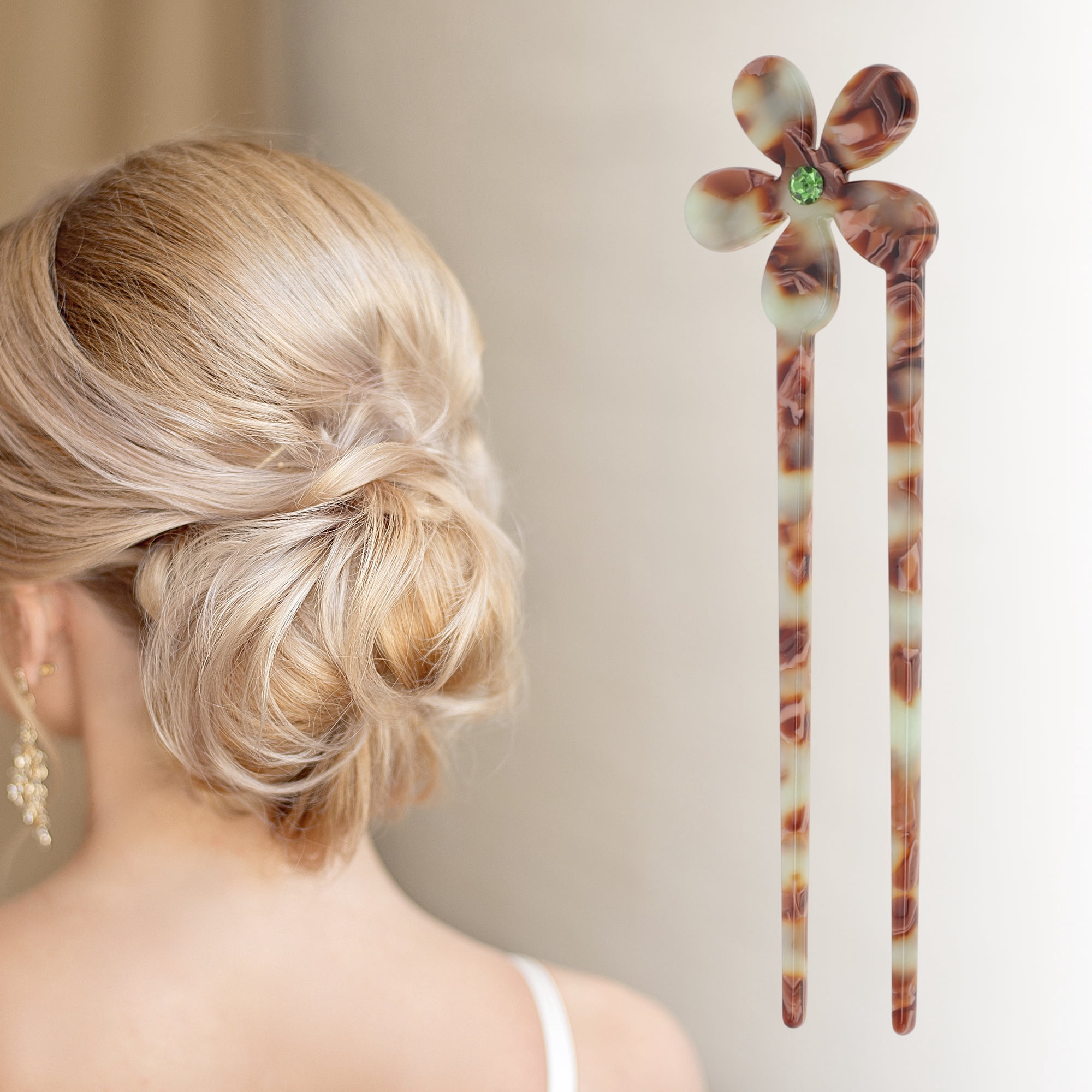 Unique Bargains Comfortable No Slip  Five-petal Flower Chignon Pin for Women 1 Pc Brown, Green