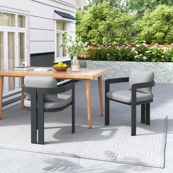 Christopher Knight Home Outdoor Aluminum Armchair with Black Matte Frame, Gray Cushions, Set of 2