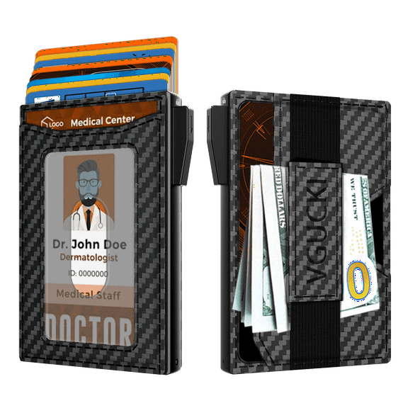 Slim Carbon Fiber Leather Wallet Credit Card Case with Double RFID Blocking Automatic Leather Pop Up Wallet for Cards and Notes