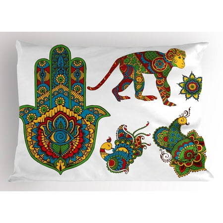 Hamsa Pillow Sham Hand Painted Mehndi Style Figures Monkey Moroccan Star Hamsa Hand and Peacock Birds, Decorative Standard Queen Size Printed Pillowcase, 30 X 20 Inches, Multicolor, by