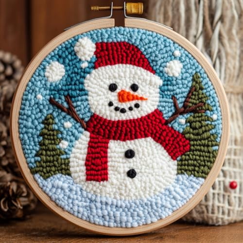 DIY Punch Needle Kits for Beginners Christmas Snowman with Winter Snow with Hoop Embroidery Punch Needle Starter Craft Set Easy for Adults and Children Festival Gift and Decoration 20x20cm-1