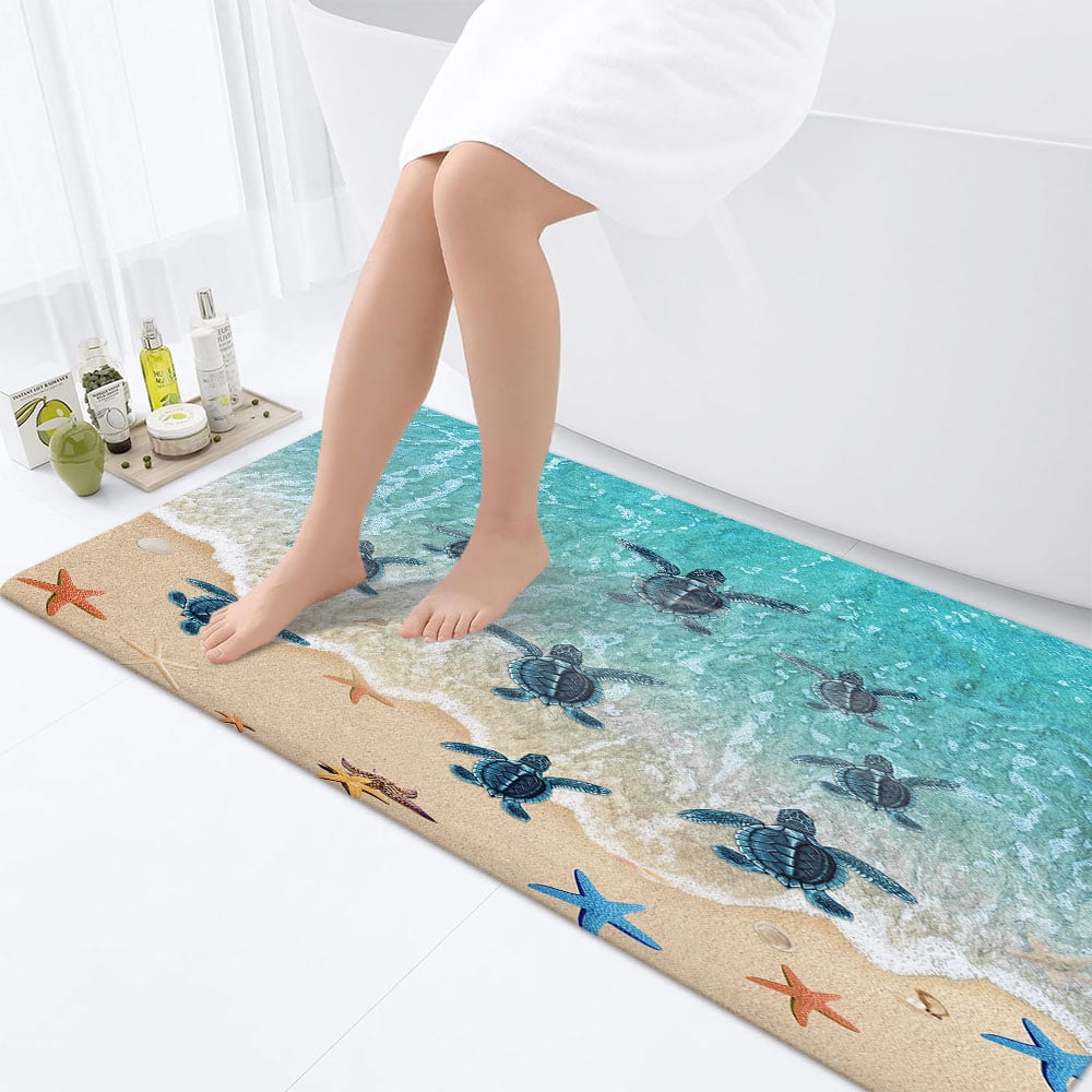 Sea Turtle Bathroom Rug, Nautical Turtle Non Slip Bath Mat with Underwater Seashell Bathroom Accessories Shower Mat Marine Animals Blue Ocean Kitchen Rug Non Slip Mat Soft for Toilet Tub RV (17"X48")