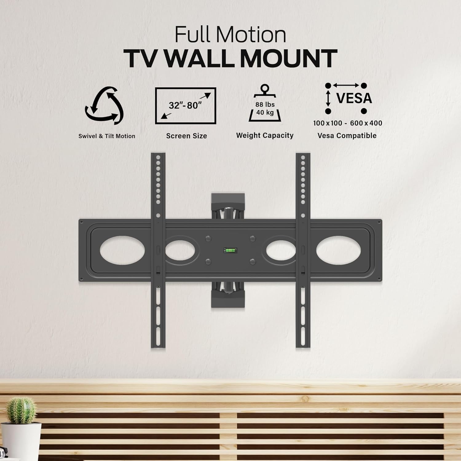 Monster Full Motion TV Mount for 32”-80” TVs up to 88 Lbs., Flat Panel Swivel & Tilt Television Mount, Heavy Gauge Steel Construction, Tilts 5° - -15°, 90° Swivel