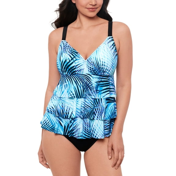 Swim Solutions Leaf Print Tiered Fauxkini One-Piece Swimsuit Navy Multicolor 12