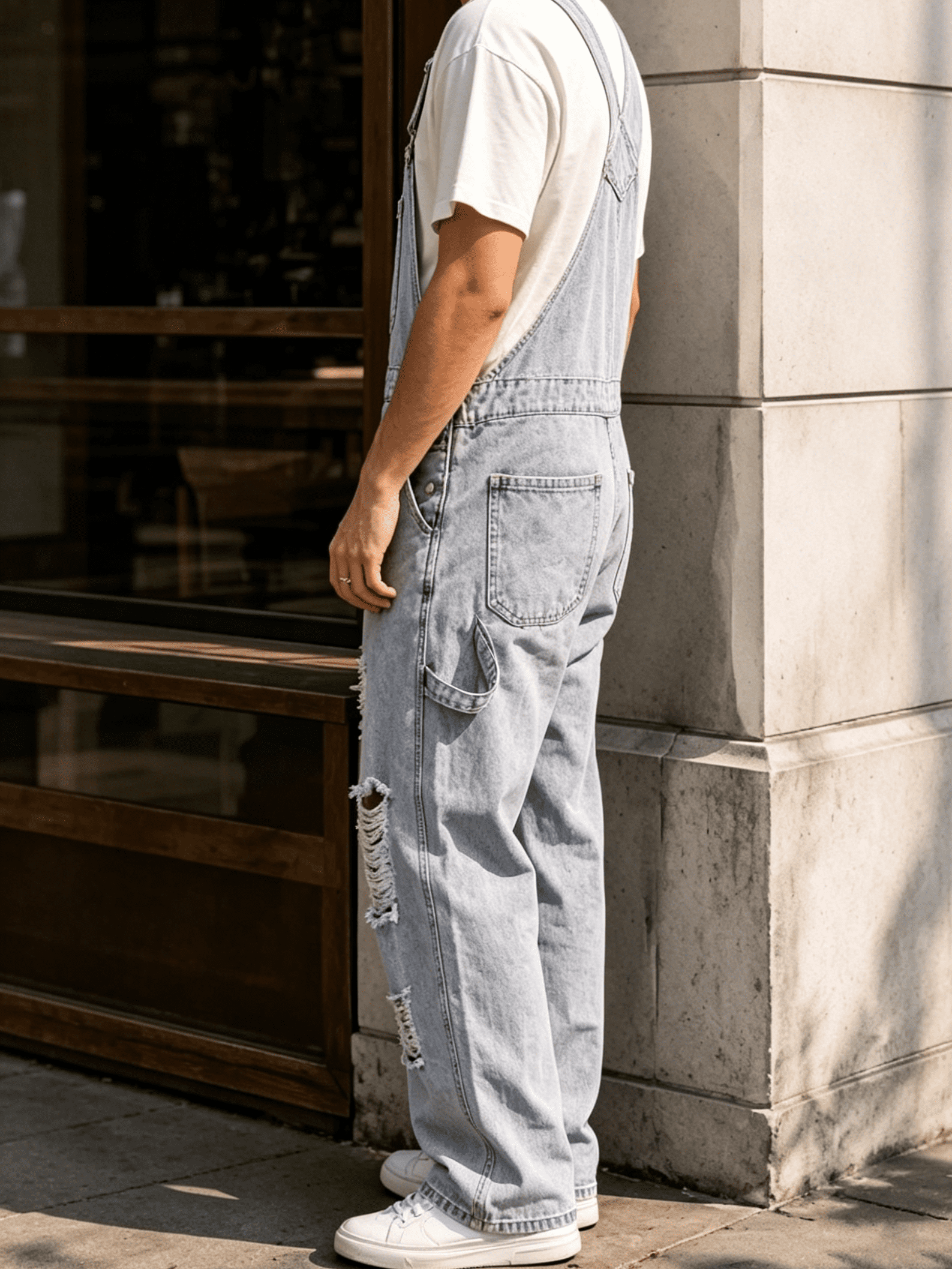 Men's Distressed Ripped Light Wash Denim Bib Overalls - Classic 5