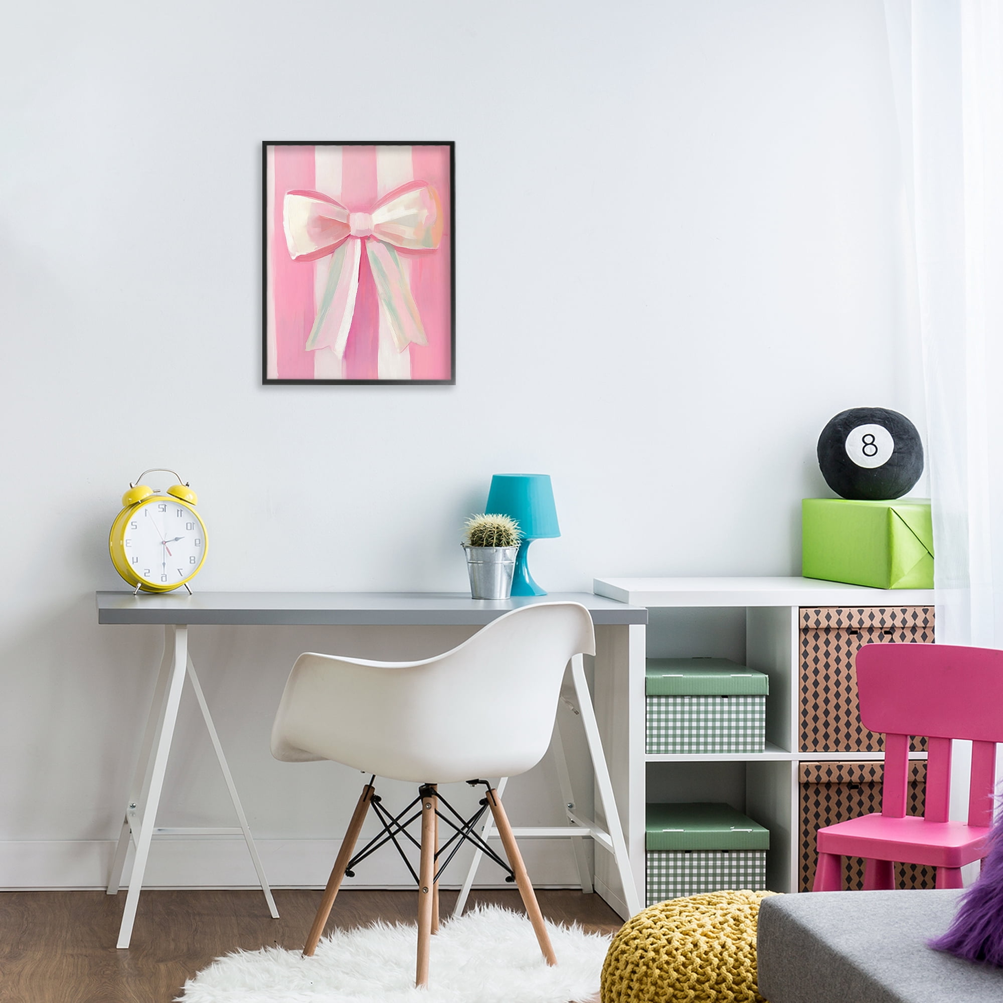 Stupell Industries Preppy Pink Bow on Stripes Black Framed Giclee Art, design by The Prints Vibe