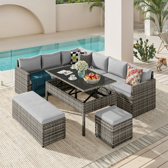 Dextrus Patio Wicker Furniture Set, 6-Piece Outdoor Sectional Sofa with Stools and Lift-Top Coffee Table, All-Weather Conversation Set for Garden, Backyard, Gray