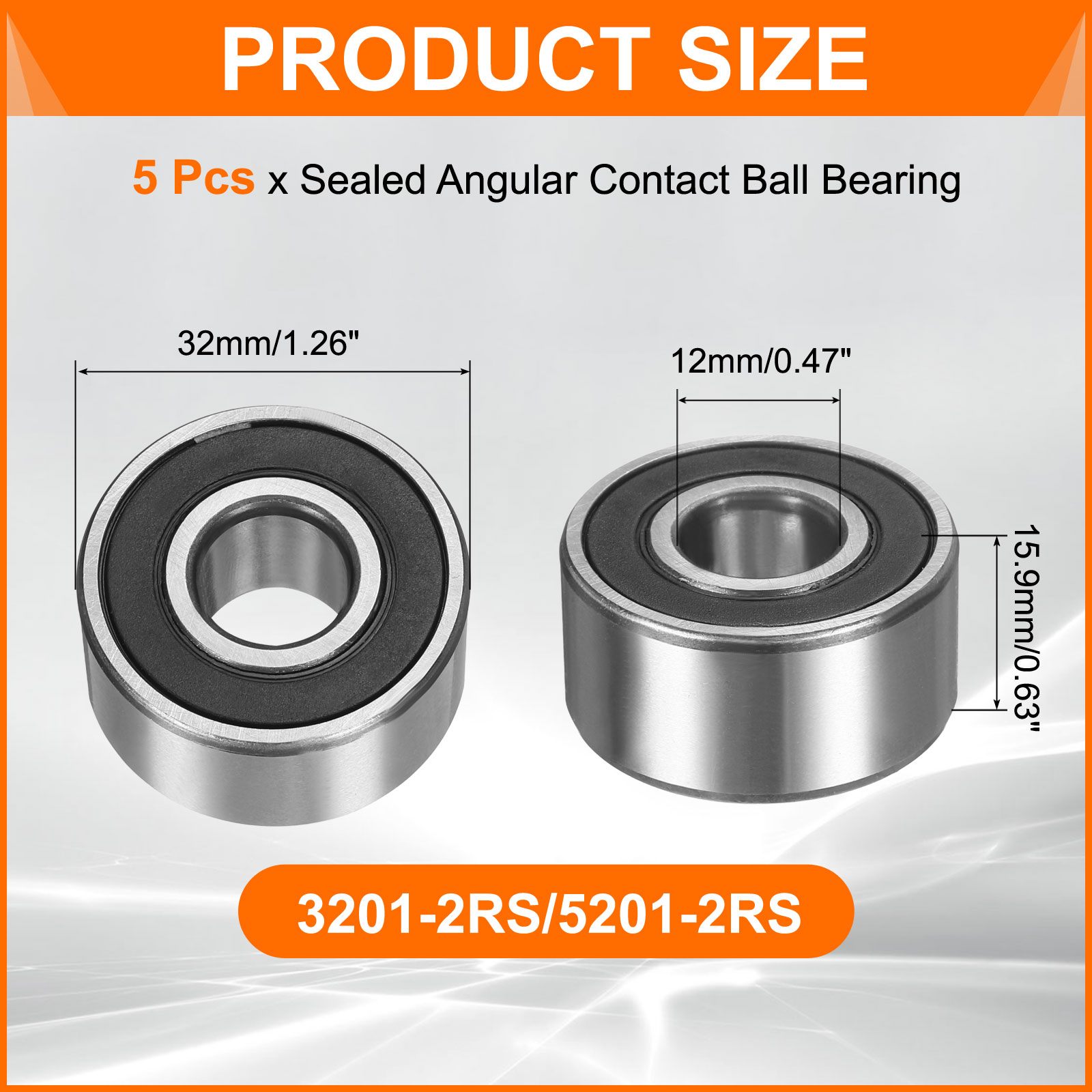 Uxcell 5 Pack 3201-2RS/5201-2RS Double Row Sealed Angular Contact Ball Bearing, 12 x 32 x 15.9mm Ball Bearings for Electric Motor, Pumps, Compressors, Agricultural Machinery