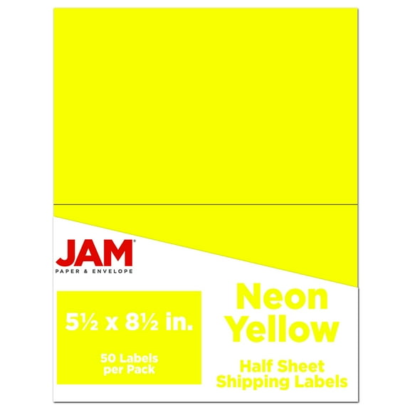 JAM Paper Shipping Labels, Half Page, 5 1/2 x 8 1/2 , Neon Yellow, 50 per Pack