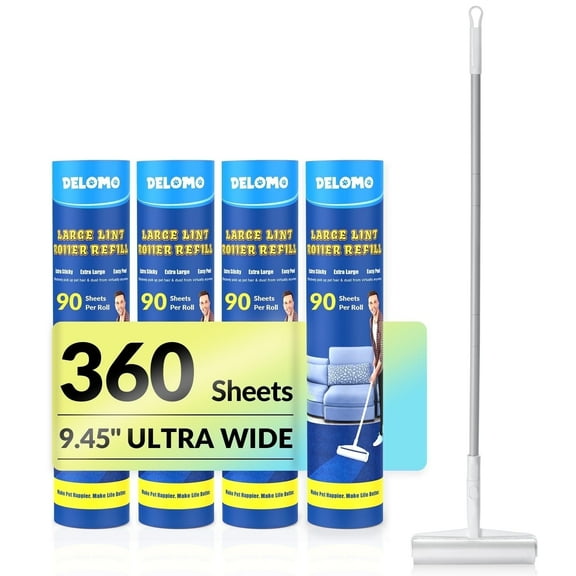 DELOMO Large Lint Roller - 9.45 in Giant Lint Roller Refill 360 Sheets Total, 45 in Telescopic Pole to Clean Without Bending Down, Sticky Rollers for Floor Cleaning Carpets, Cars, Clothing, Pet Hair