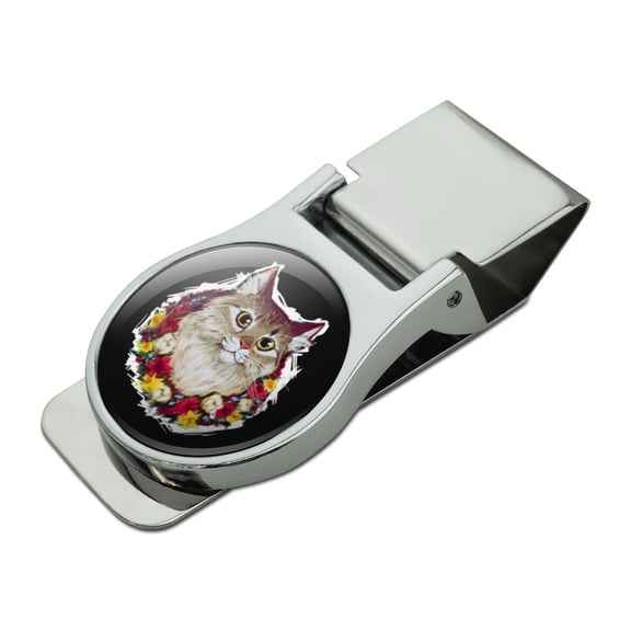 Painted Tabby Cat with Flowers Satin Chrome Plated Metal Money Clip