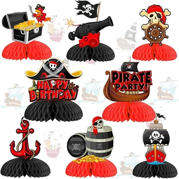 Pirate Birthday Honeycomb Centerpieces, Nautical Theme Table Toppers - Red and Black 3D Table Honeycomb Paper Supplies for Kids Birthday Party Decorations