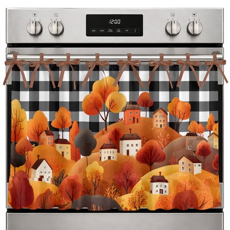 Farmhouse Oven Skirt Curtain Orange Hill Fall Oven Curtain Thanksgiving Trees Cartoon House Retro Plaid Stove Skirt Curtains with Ties&Ruffle Trim Dishwasher Skirts Curtains for Cabinet 27 x20