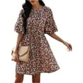 thumbnail image 2 of hirigin Women Summer Flower Print Dress, Flare Half Sleeve Round Neck Tunic Mini A-line Dress for Beach, Date, 2 of 9