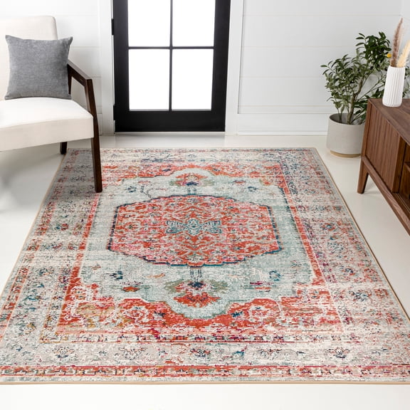 JONATHAN Y CALIFORNIA VINTAGE 8 x 10 Area Rug, Andalus Vintage Medallion - Coral/Ivory, CAV102A-8