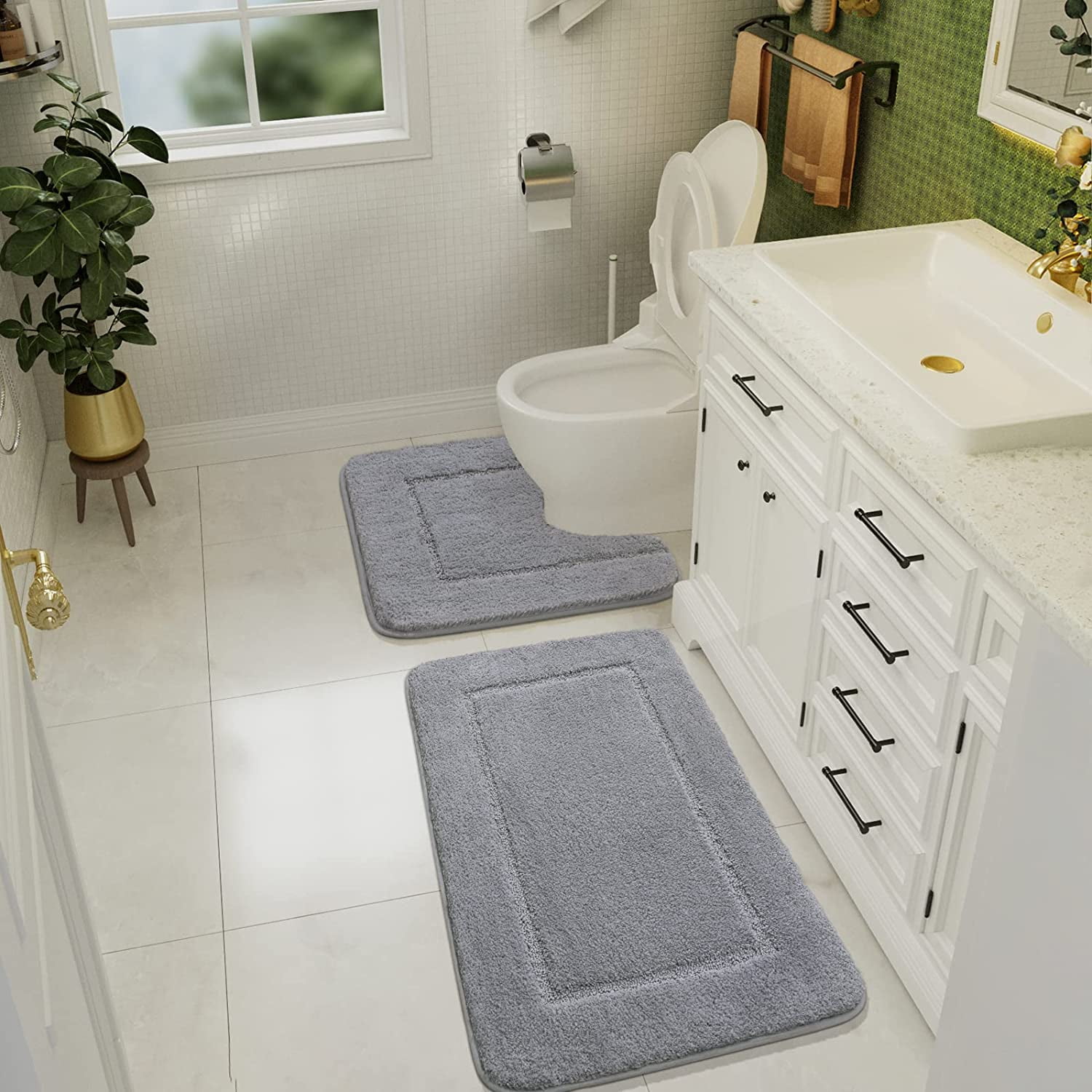 Homore Bathroom Rugs Sets, Luxury Bath Mat Set Anti-Slip Bath Rug and U-Shaped Toilet Mat Gray