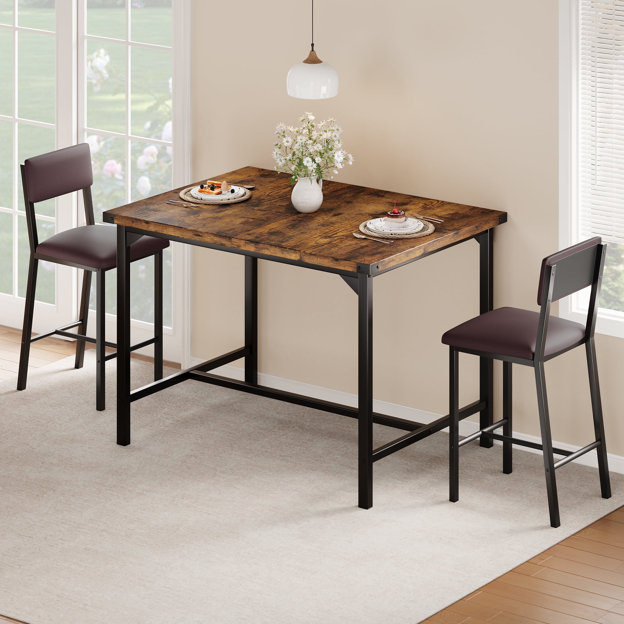 3-Piece Counter Height Dining Table Set for 2 – Includes Upholstered Bar Chairs with Backrest, Footrest, and Corner Protector – Perfect for Small Kitchens, Dining Rooms, Apartments