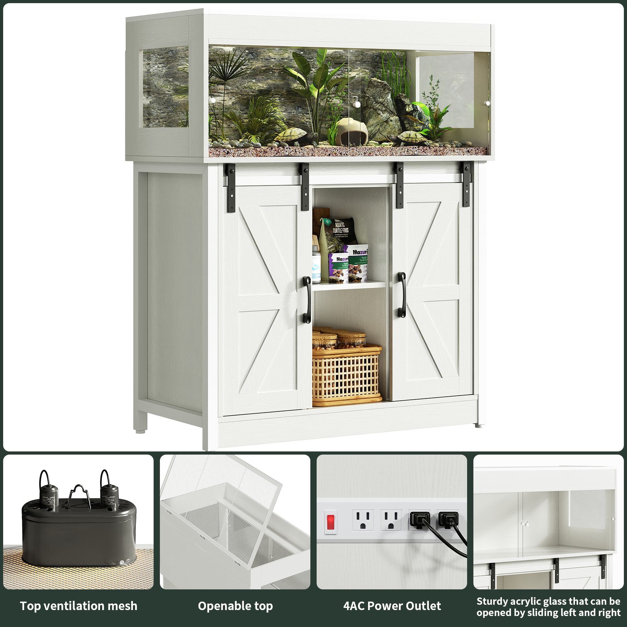 Herture 40 Gallon Reptile Terrarium with Stand, Reptile Tank with Barn Door and Storage, Vivarium with Acrylic Doors, Ventilated Mesh Top & Power Outlet, for Geckos, Lizards, Snakes White PX06RTW